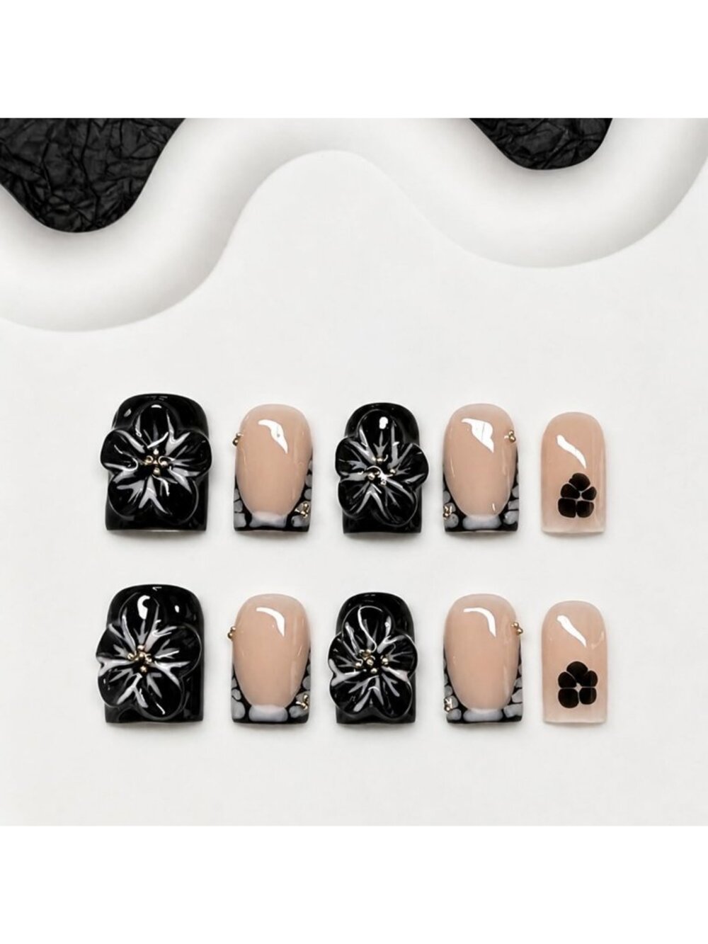Elegant Handmade Black French Tip Press-On Nails with 3D Flower Designs - Short